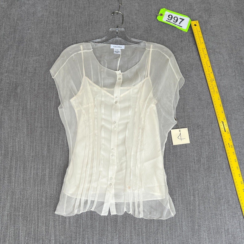 Calvin Klein Layered Top with Inner Cami Womens 4 White Sheer Overlay Ethereal